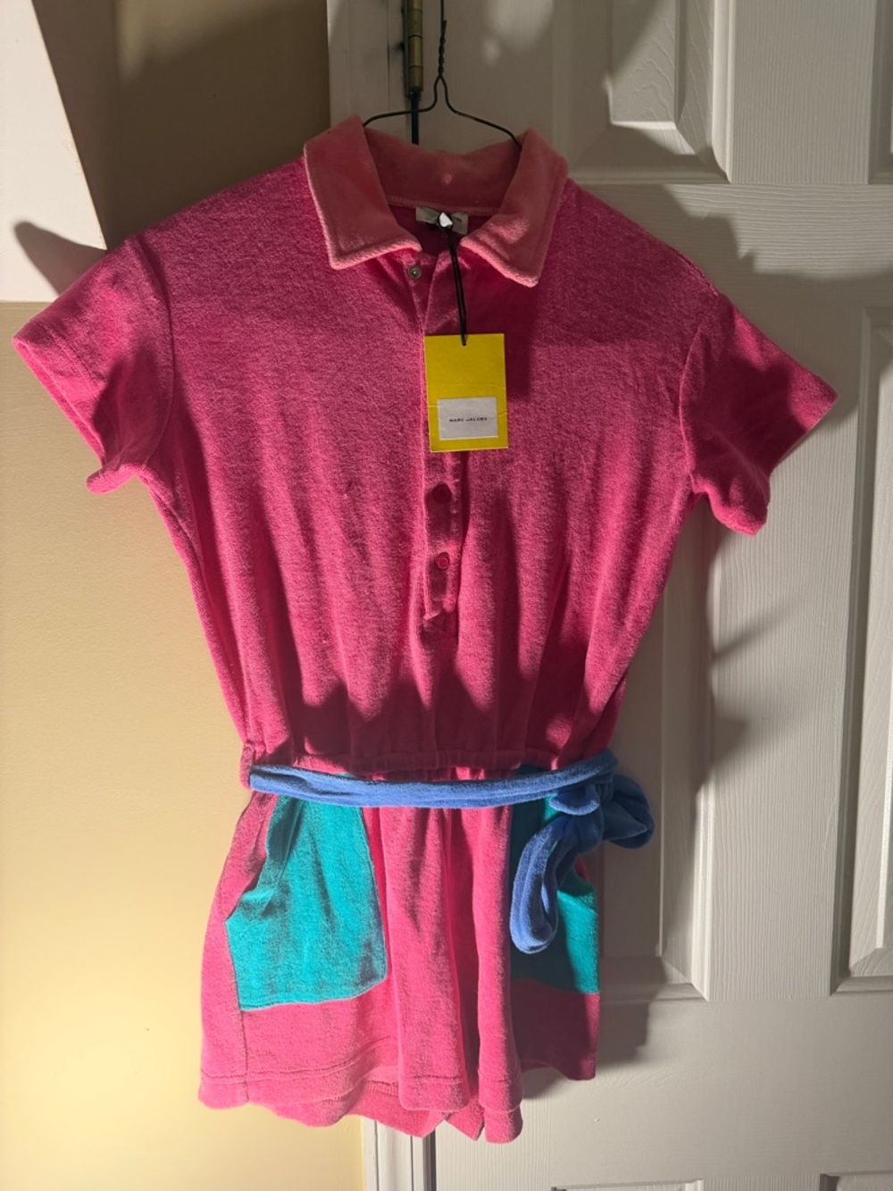 Marc Jacobs Pink Terry Polo Romper with Blue Belt and Teal Pockets authentic